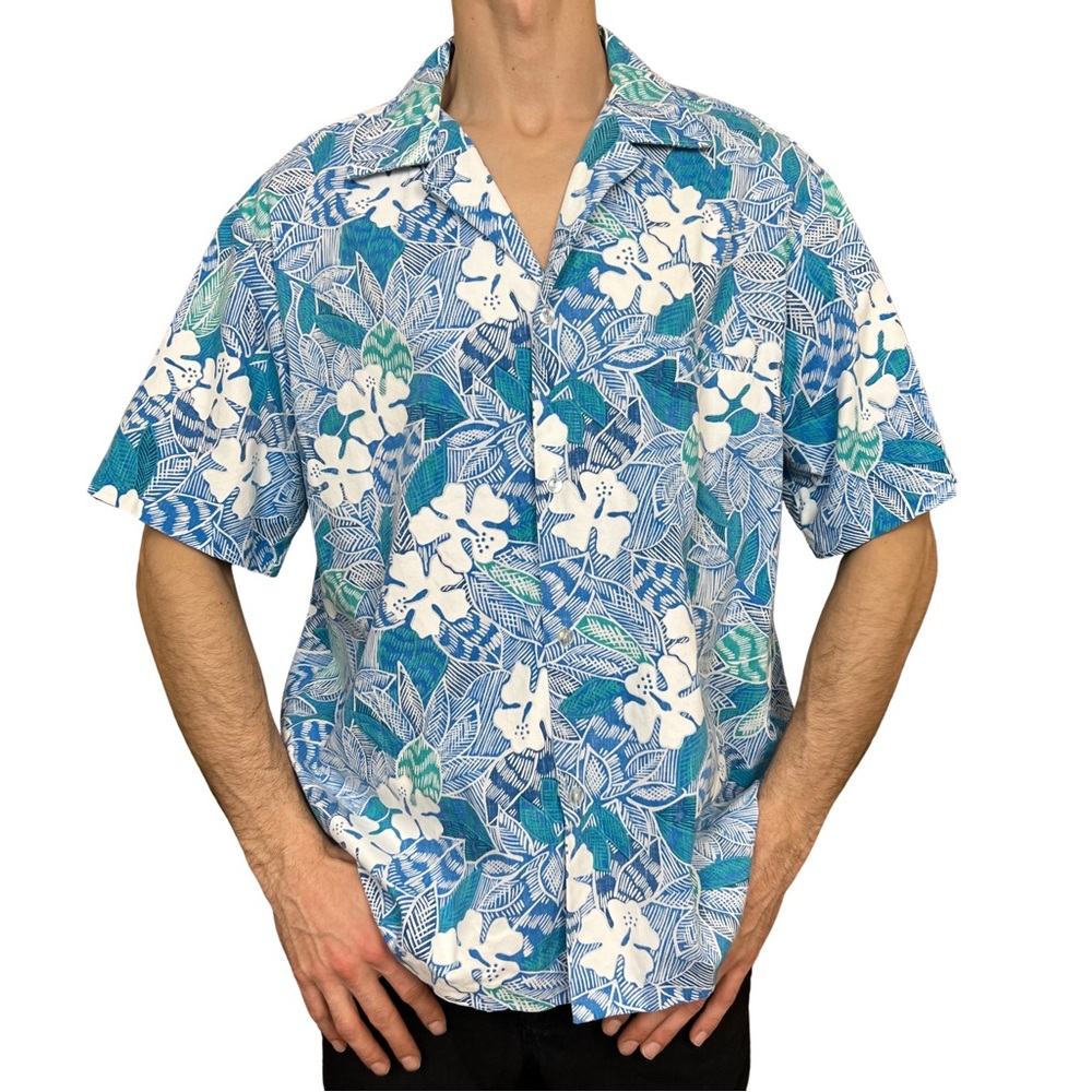Vintage Men’s Helena’s Blue & Teal Hawaiian Shirt Beach Cotton Blend Size XL